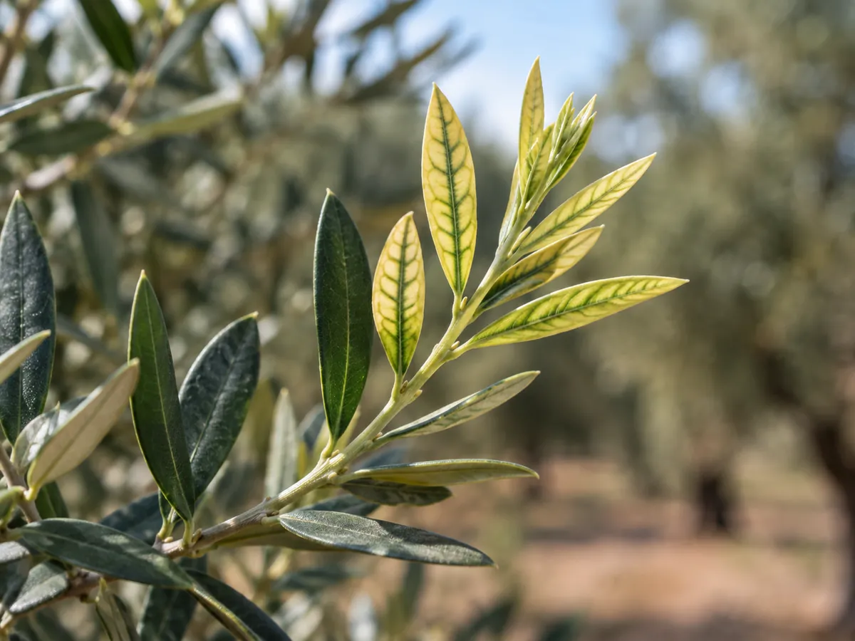 Hojas jóvenes de olivo con clorosis férrica: el limbo amarillo y los nervios verdes