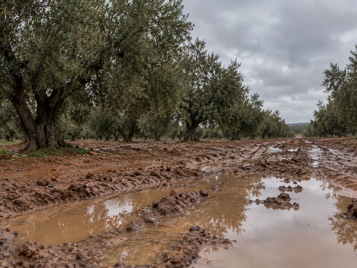 Olivar encharcado en suelo pesado tras varios días de lluvia