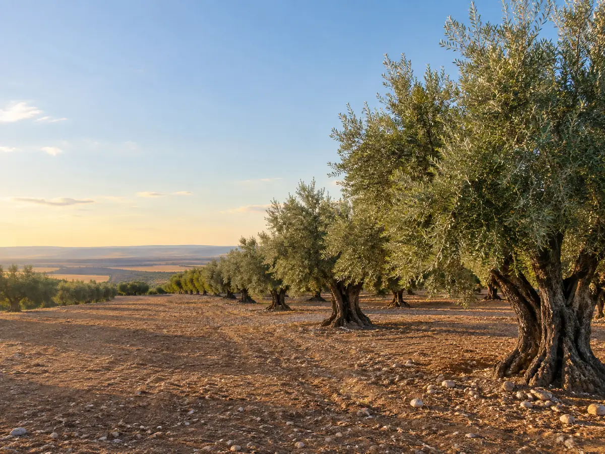 Olivar de secano en suelo calizo al atardecer, con el ruedo de los árboles trabajado