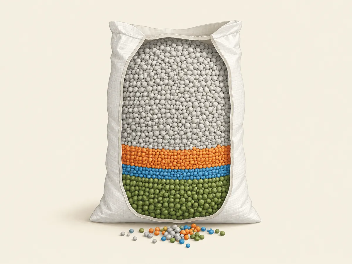 Saco de abono especial olivo 20-5-10 abierto por la mitad, con capas de colores para el nitrógeno, el fósforo, el potasio y el resto del compuesto