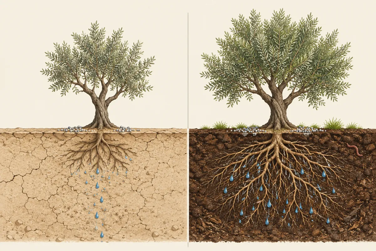 Ilustración comparativa de las raíces de un olivo en un suelo pobre y en un suelo con materia orgánica