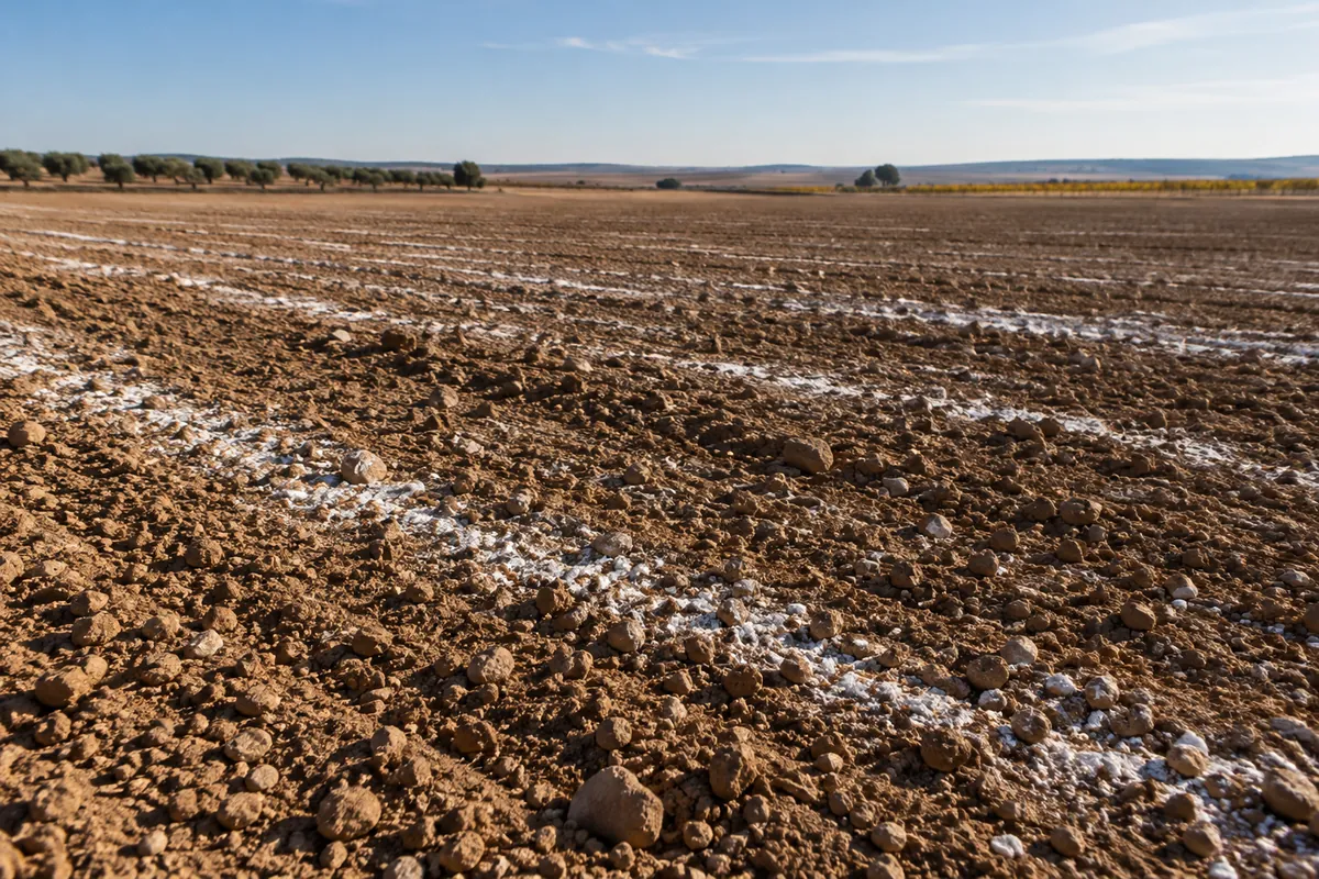 Parcela de cultivo con una enmienda mineral blanca recién esparcida sobre la tierra labrada