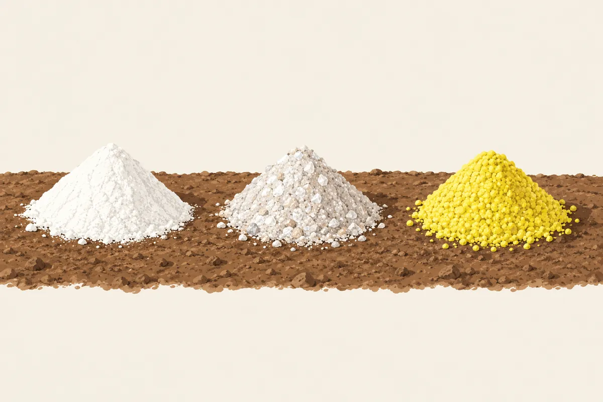 Tres montones de enmiendas inorgánicas sobre tierra: cal blanca, yeso agrícola y azufre amarillo