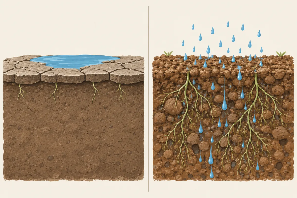 Ilustración comparativa de un suelo sódico con costra y agua encharcada frente al mismo suelo con buena estructura tras la enmienda