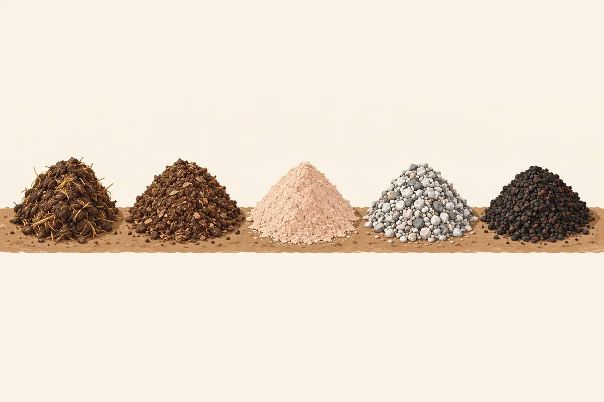 Ilustración de los grupos de fertilizantes para agricultura ecológica: estiércol, compost, harinas, rocas naturales y leonardita