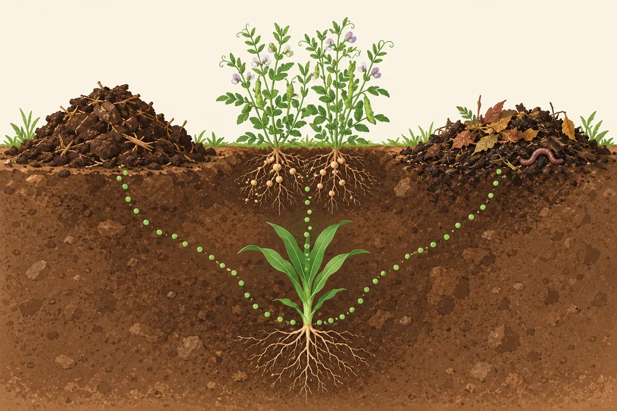 Ilustración de las fuentes de nitrógeno en agricultura ecológica: estiércol, leguminosas y materia orgánica del suelo