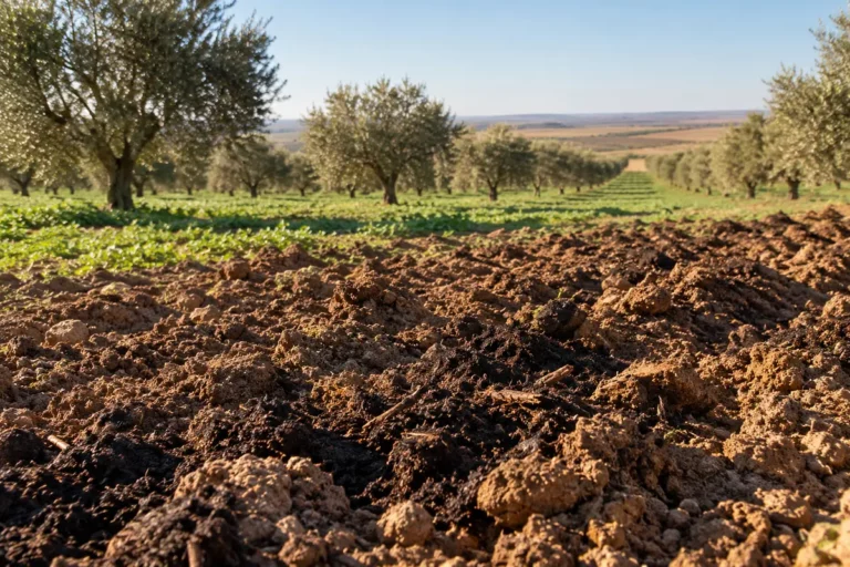 Parcela de cultivo ecológico en La Mancha con materia orgánica incorporada en el suelo
